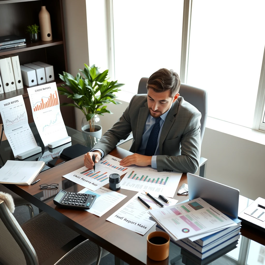 Mortgage broker analyzing financial documents at desk with laptop and calculator
