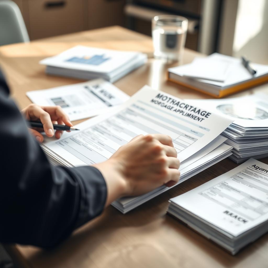 Hands filling out a mortgage application form on a kitchen table with documents and a glass of water.