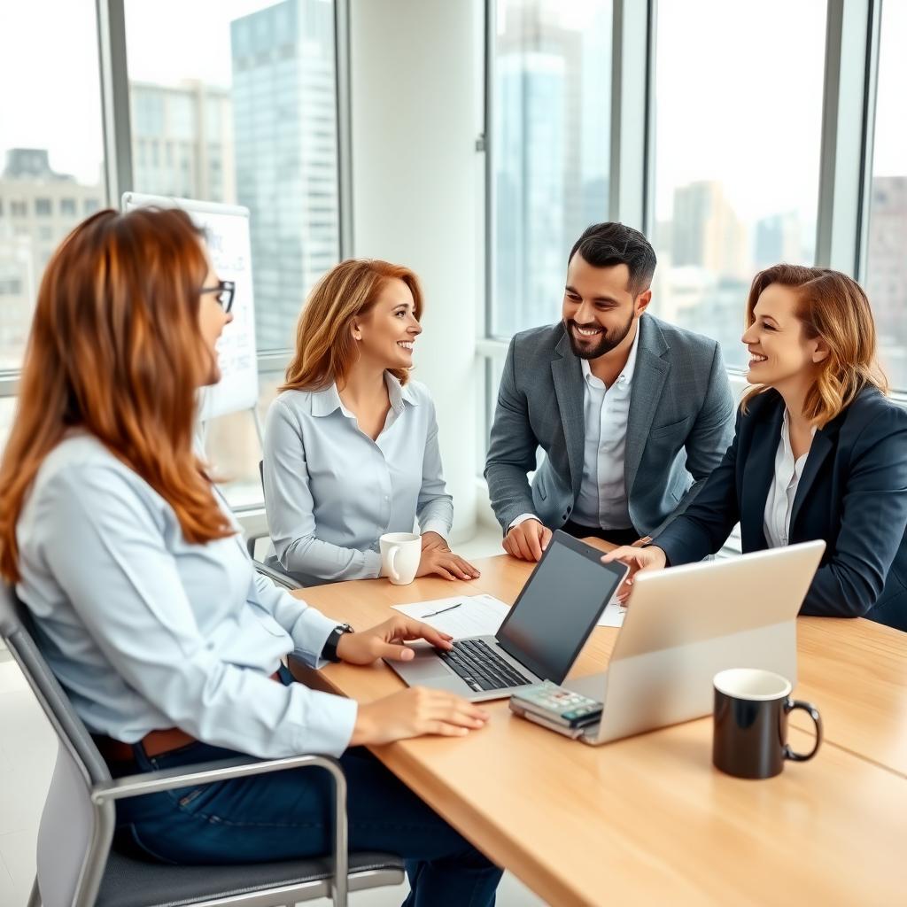Real estate agent discussing with a couple in a modern office
