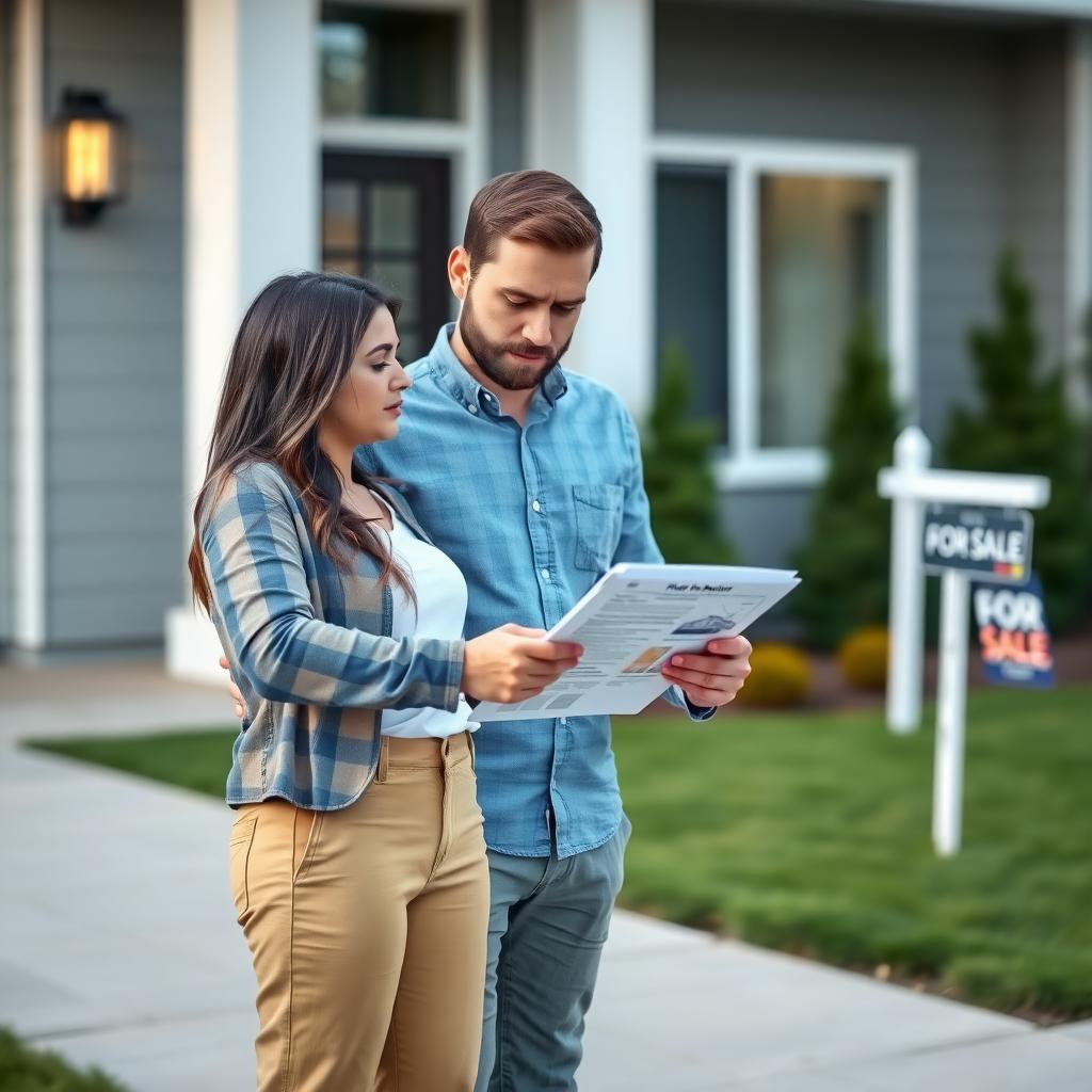 First-time homebuyer couple reviewing a home inspection report on a tablet outside a modern home.
