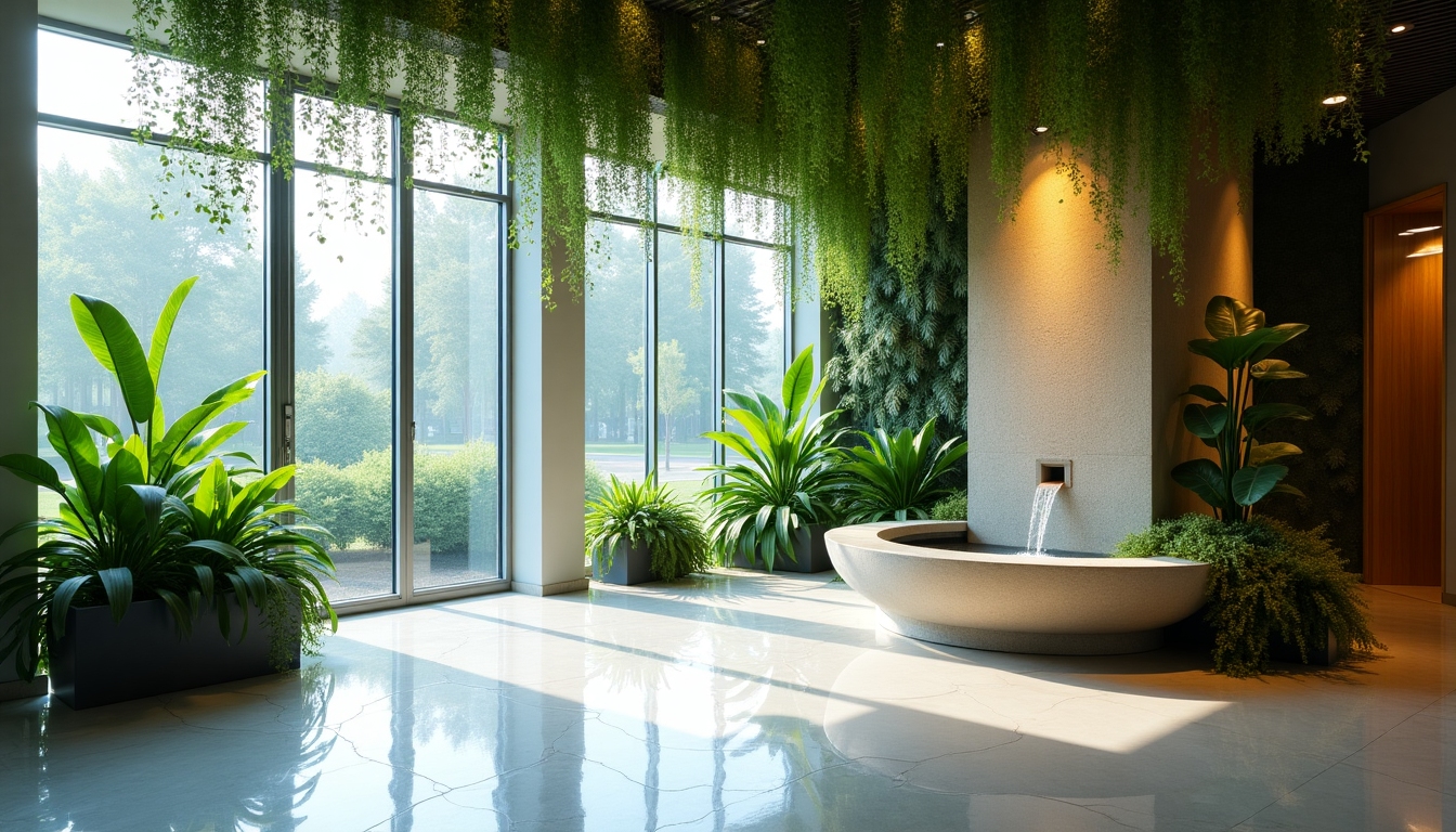Biophilic office lobby with plants and natural light