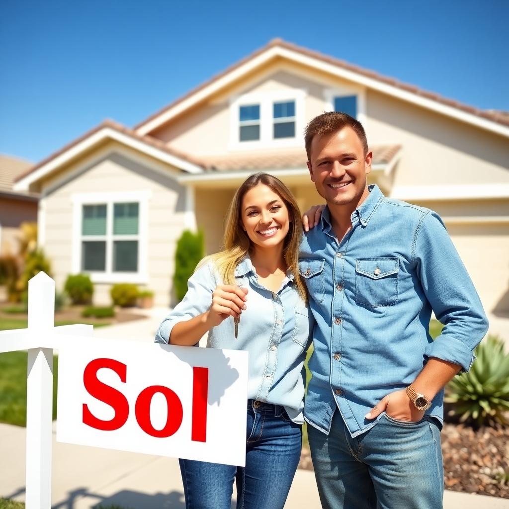 A happy couple holding keys in front of their new home with a 'Sold' sign