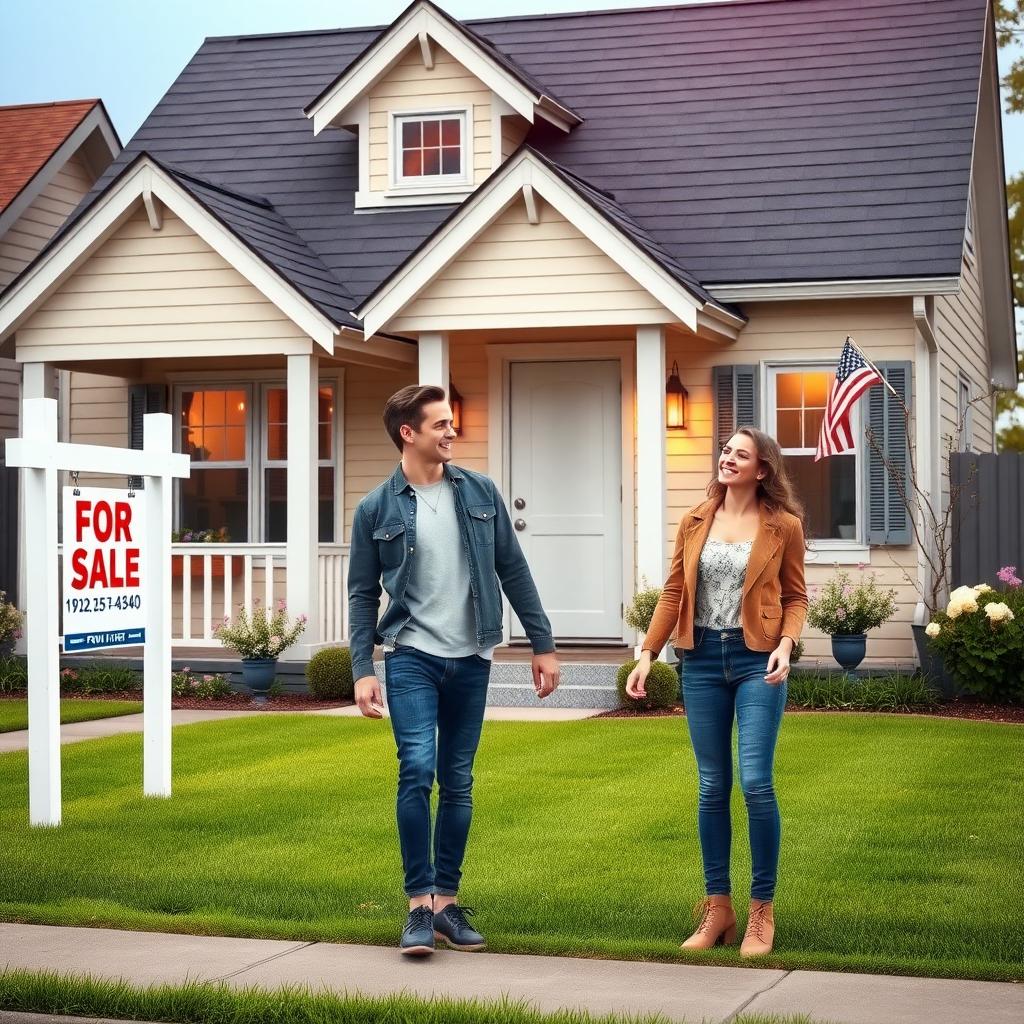 Young couple standing in front of a suburban house for sale.