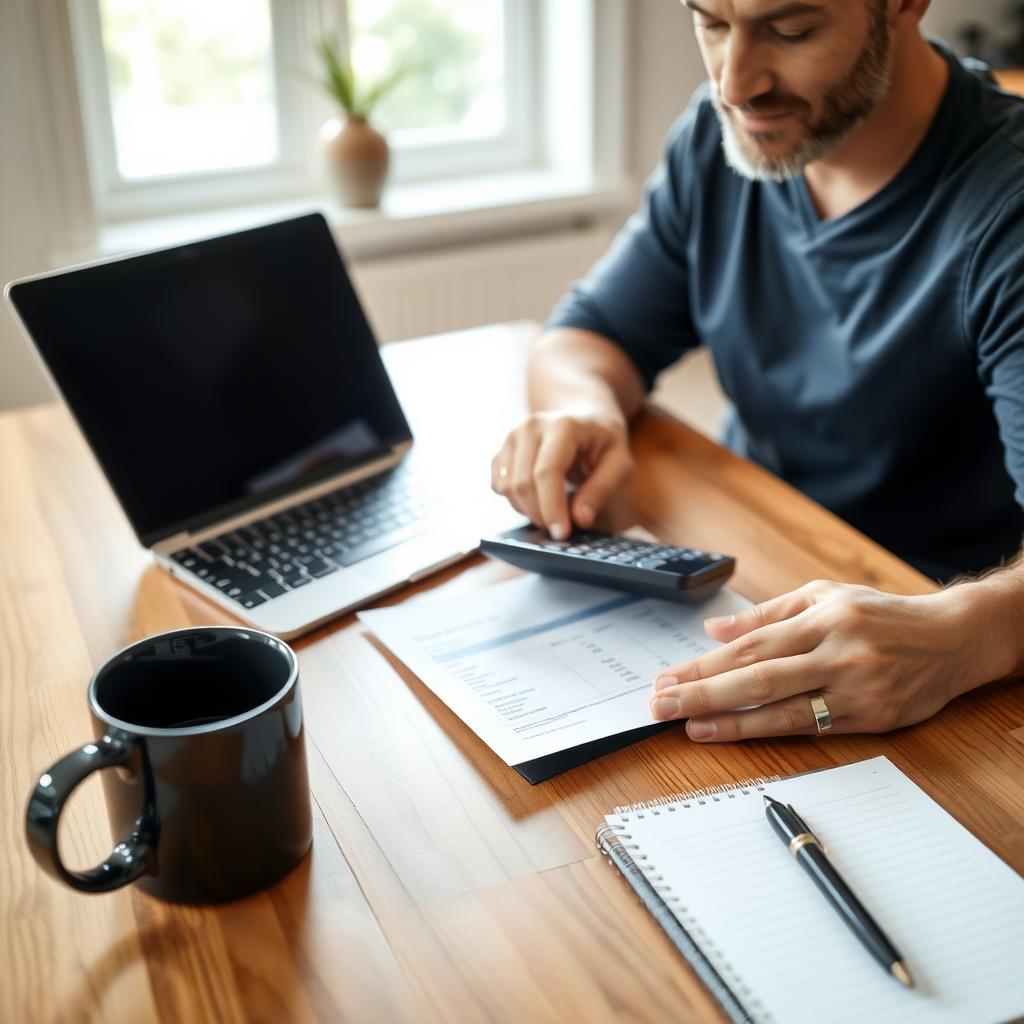Homeowner calculating extra mortgage payments at a kitchen table