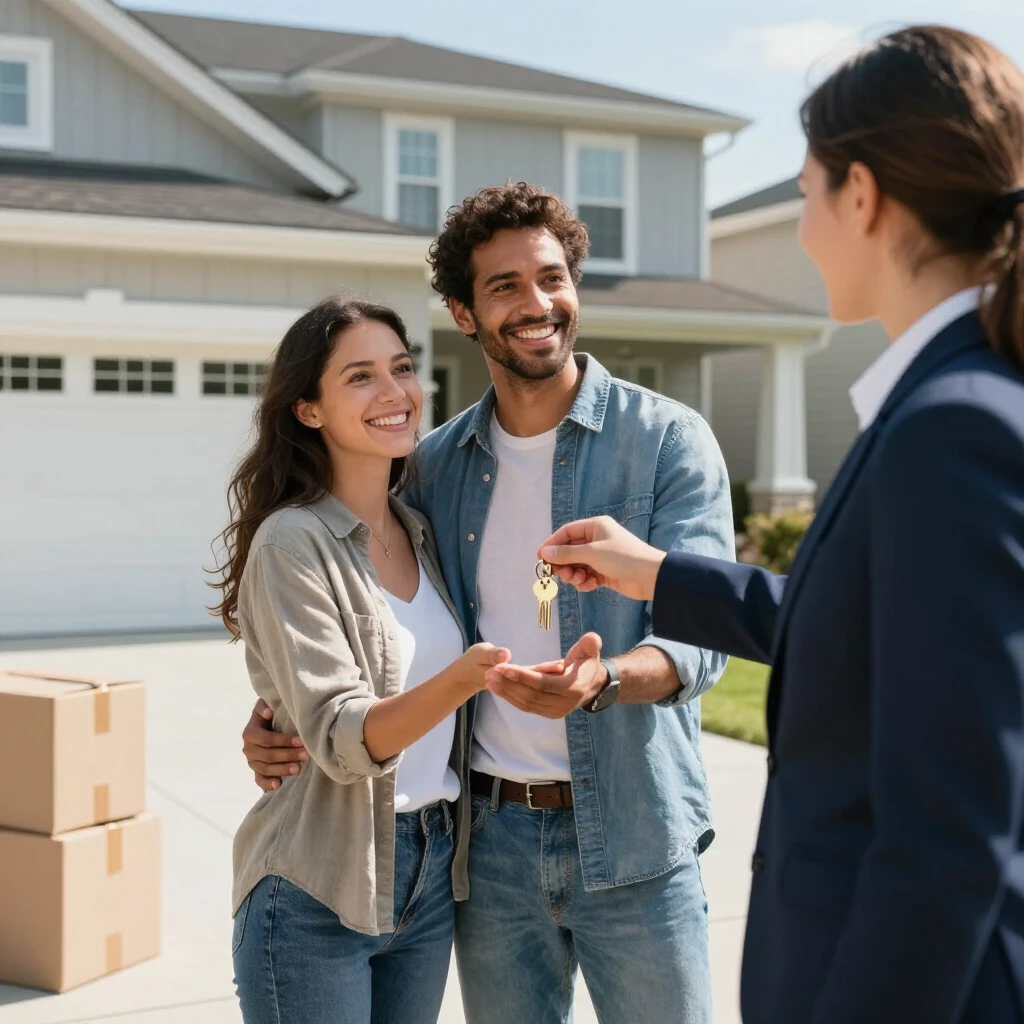 Happy first-time home buyers receiving keys to their new home