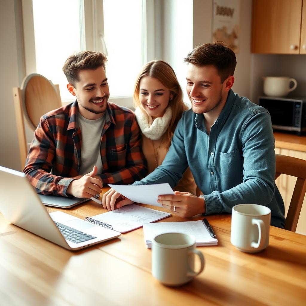 Young couple reviewing financial documents at a kitchen table