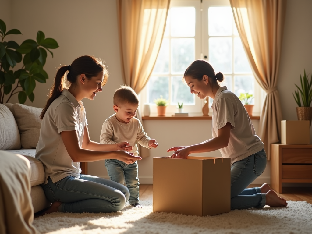 Family unpacking in a bright living room after buying with an FHA loan.