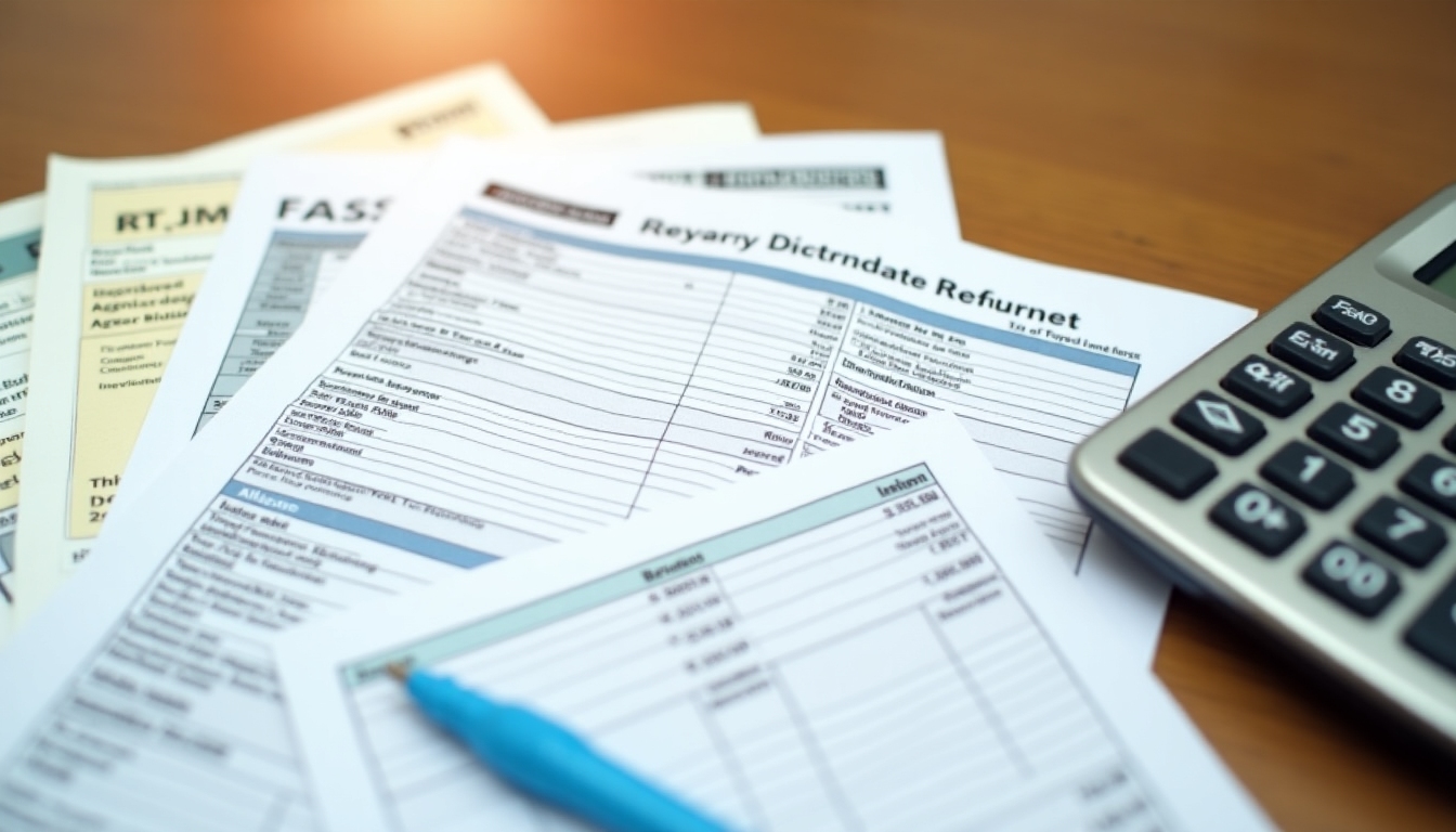 Close-up photo of various financial documents and a calculator on a table.