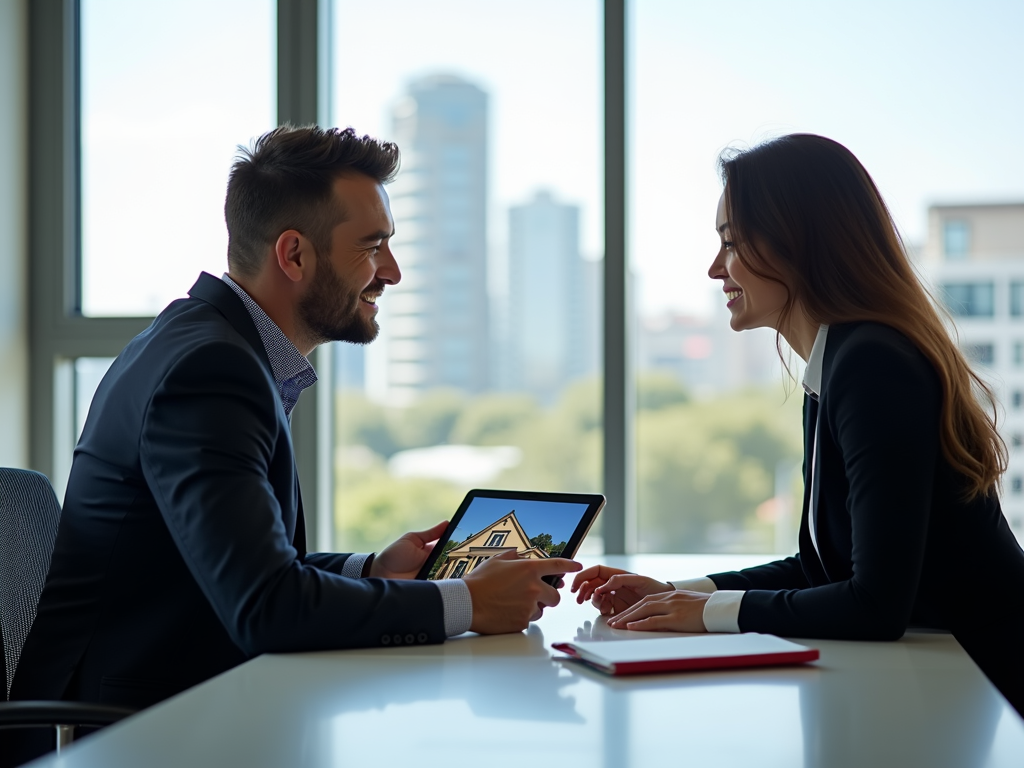 Real estate agent showing property details to a client on a tablet.