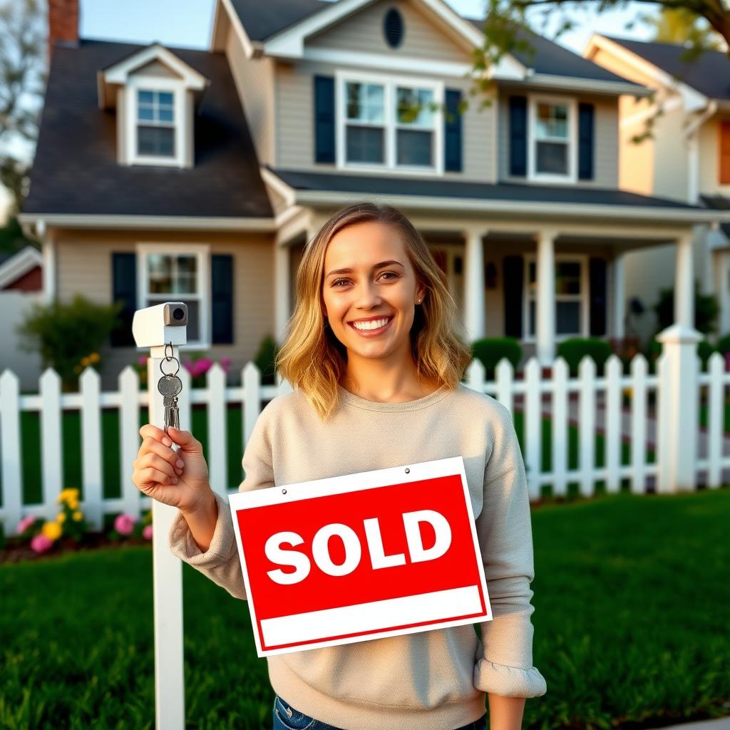 First-time homebuyer with keys in front of a house with a sold sign