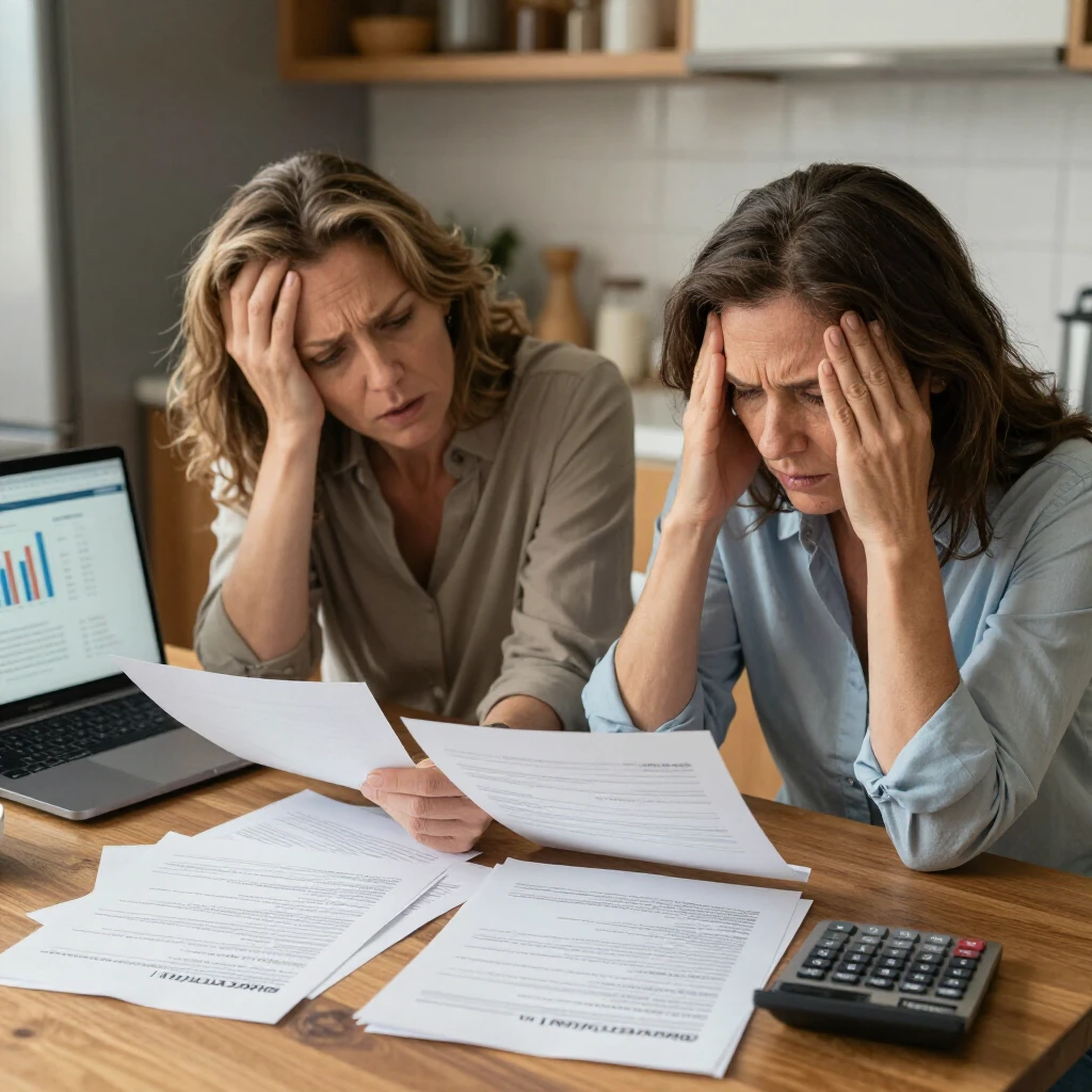 Couple reviewing mortgage refinancing documents with concern