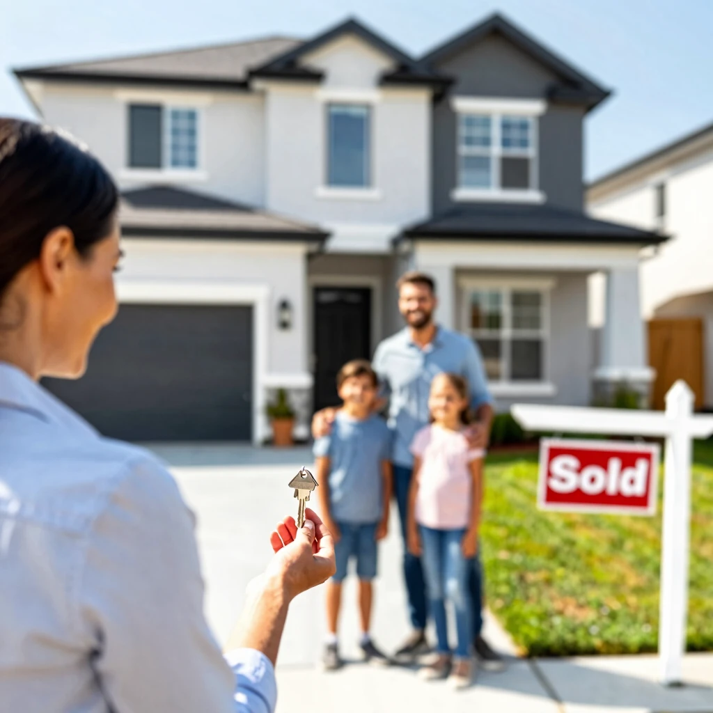 Happy family receiving keys to their new home