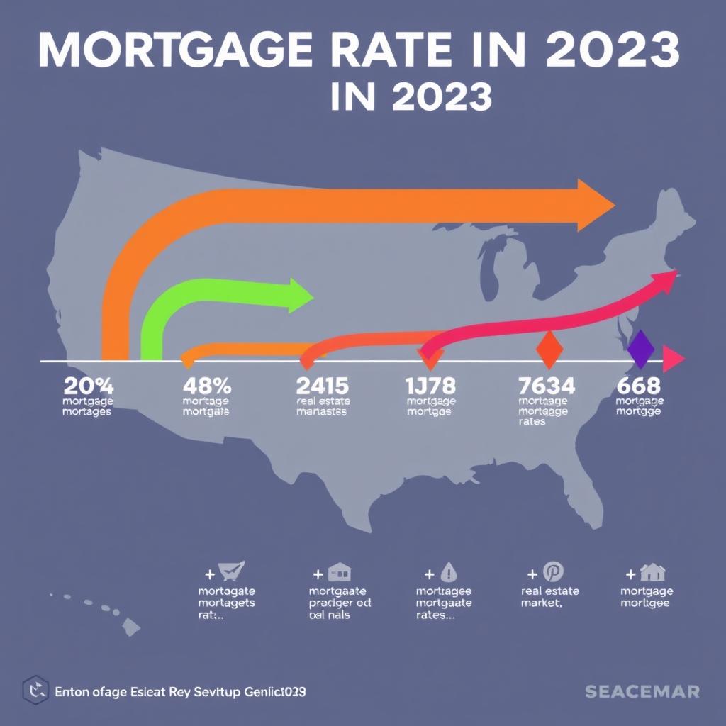 Infographic of 2023 mortgage rate trends with a U.S. map in the background.