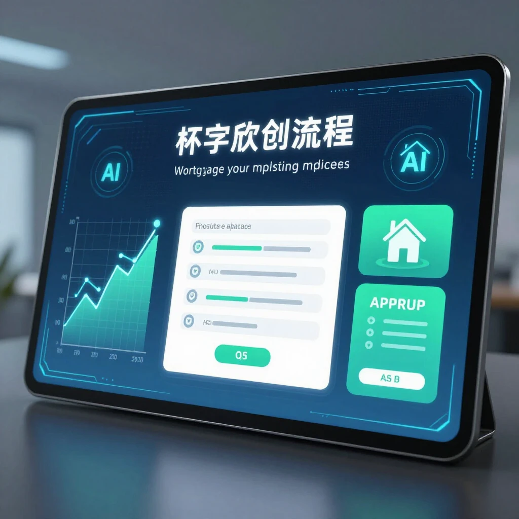Futuristic AI-powered digital mortgage application interface with graphs and home icons