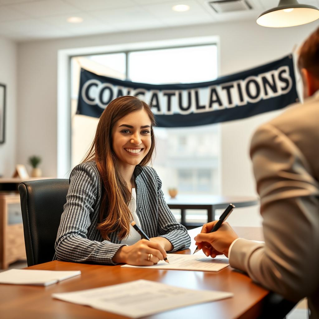 Young woman signing mortgage closing documents in a bright title company office.