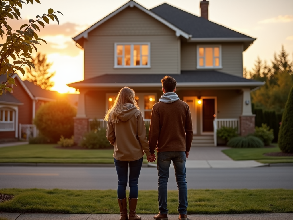 Couple standing in front of their new home after closing