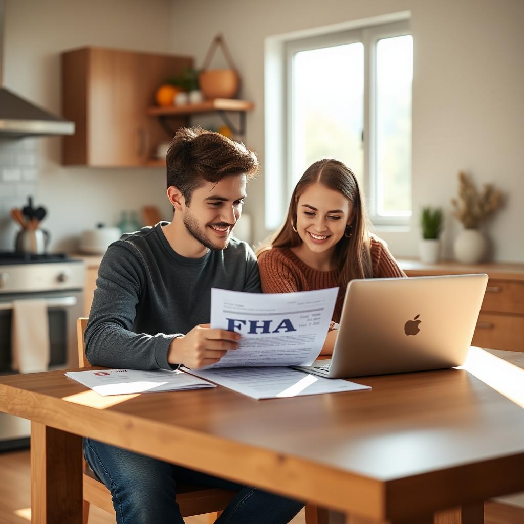 Young couple reviewing FHA loan documents at a kitchen table.