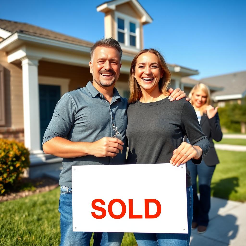 Couple holding keys and a 'Sold' sign outside their new home with a real estate agent.
