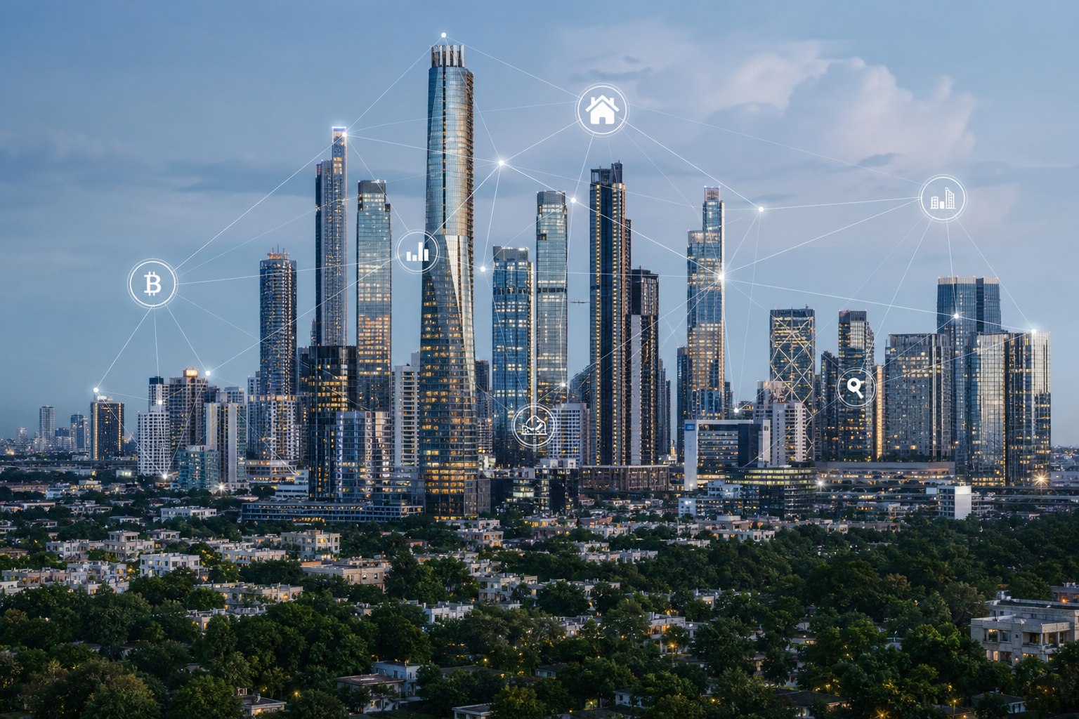 Futuristic fintech city skyline showing blockchain and real estate tech integration