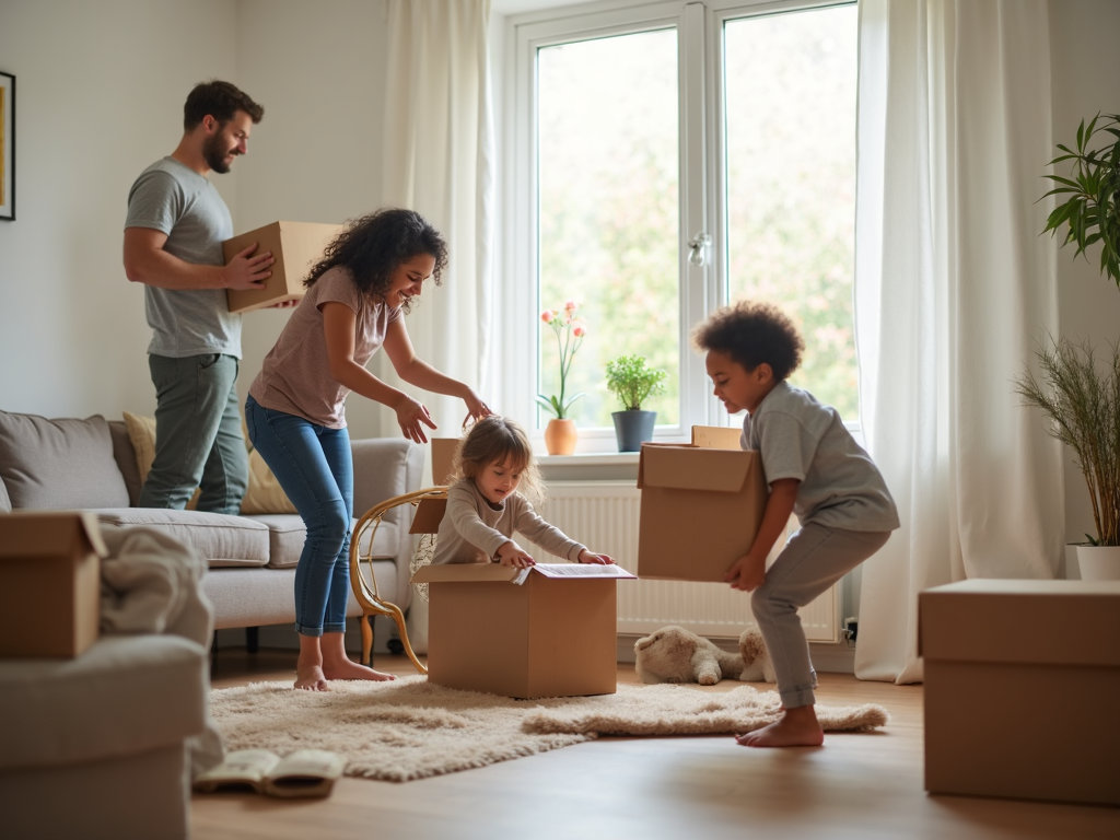 Family unpacking in new home