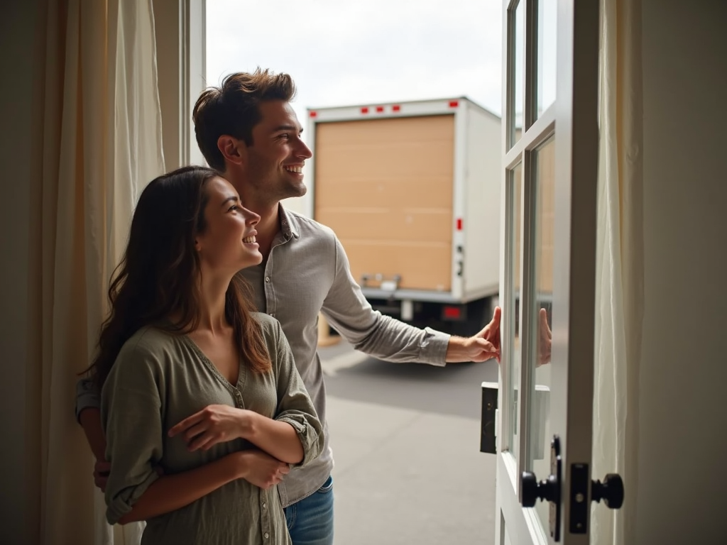 Young couple opening the door to their new home with a moving truck nearby.