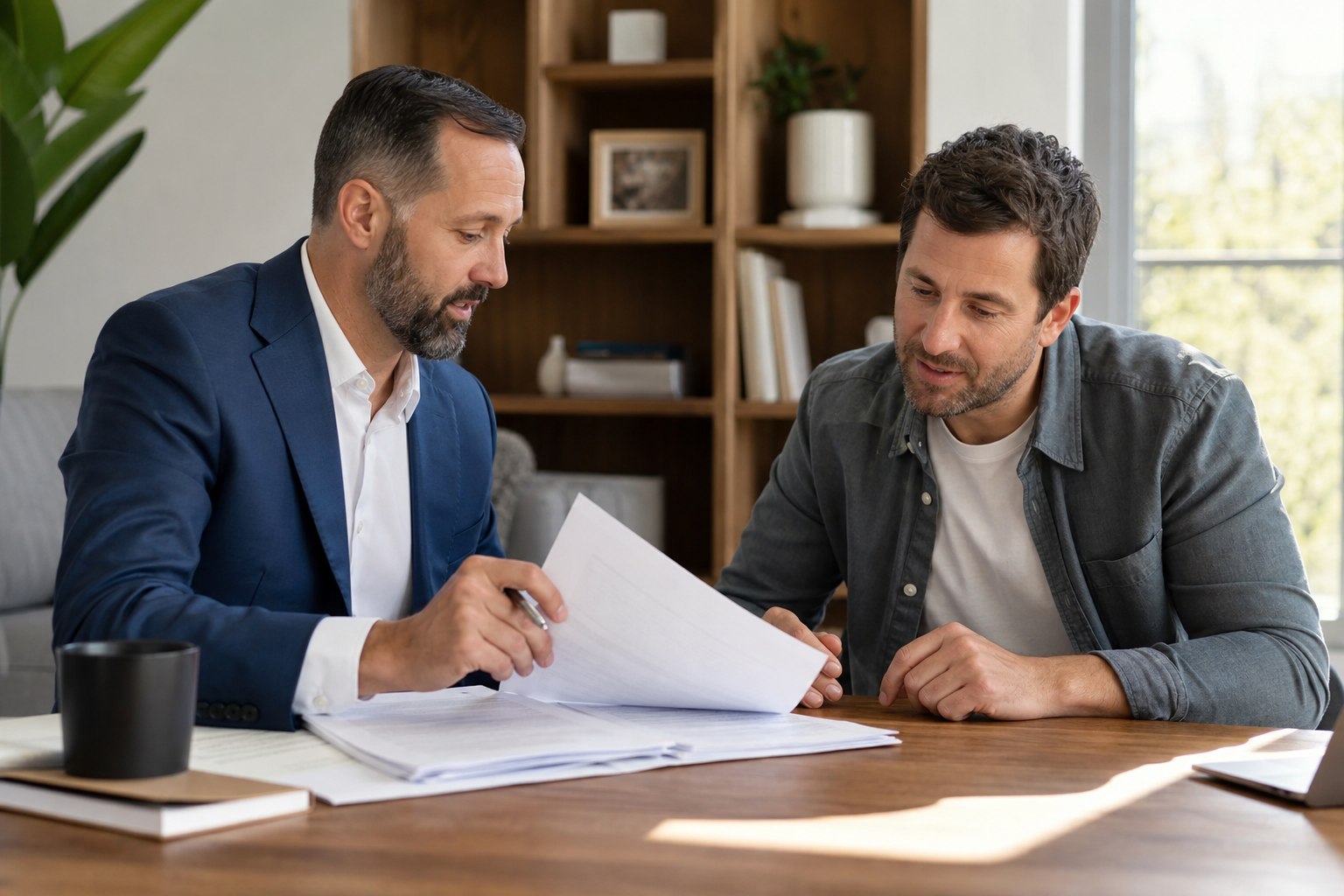 Mortgage broker and homeowner reviewing loan estimate documents