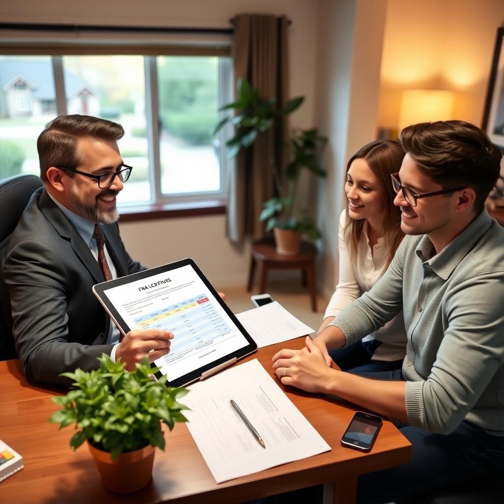A mortgage broker discussing FHA loan details with a couple in a cozy office setting.