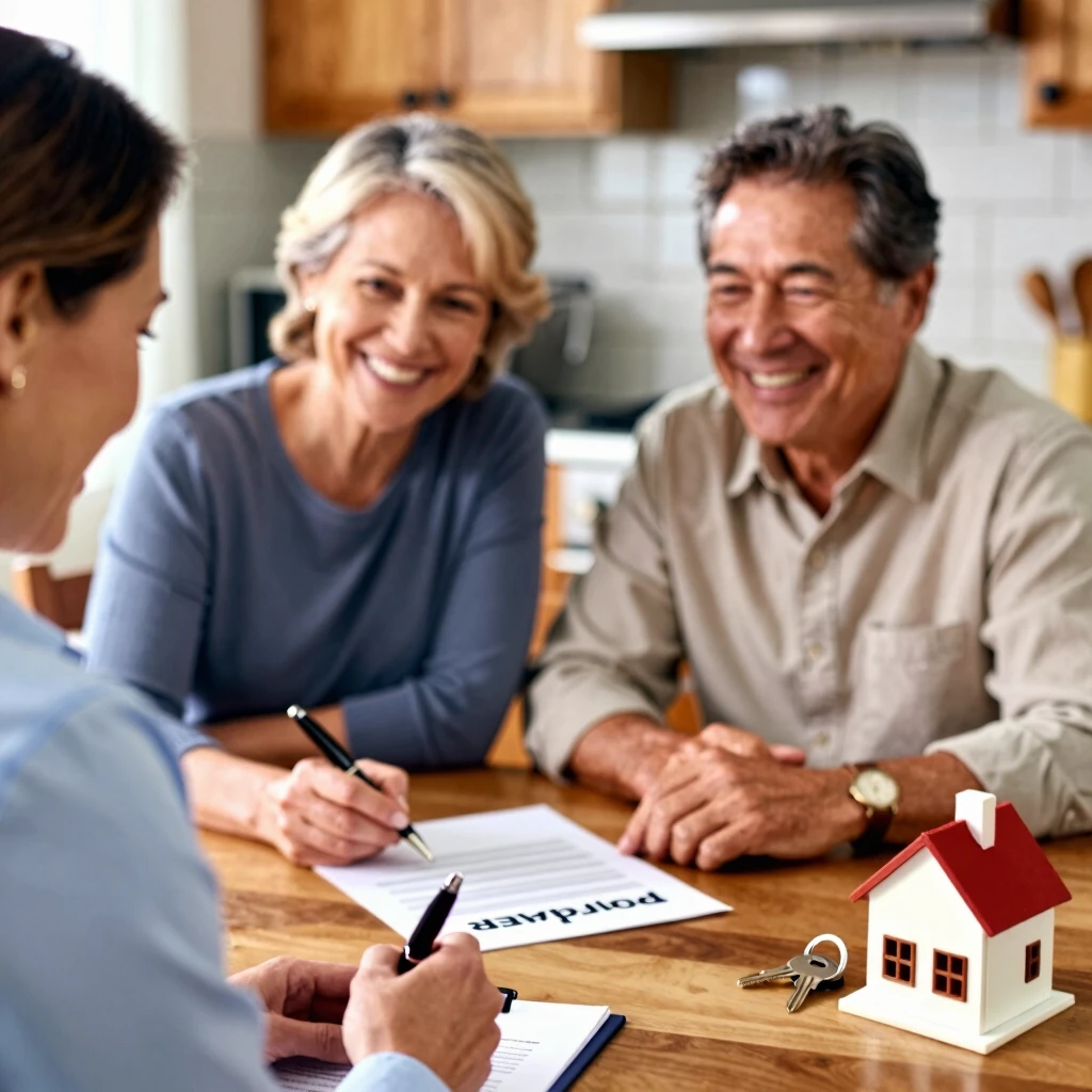 Happy couple signing FHA refinance papers with lender at home