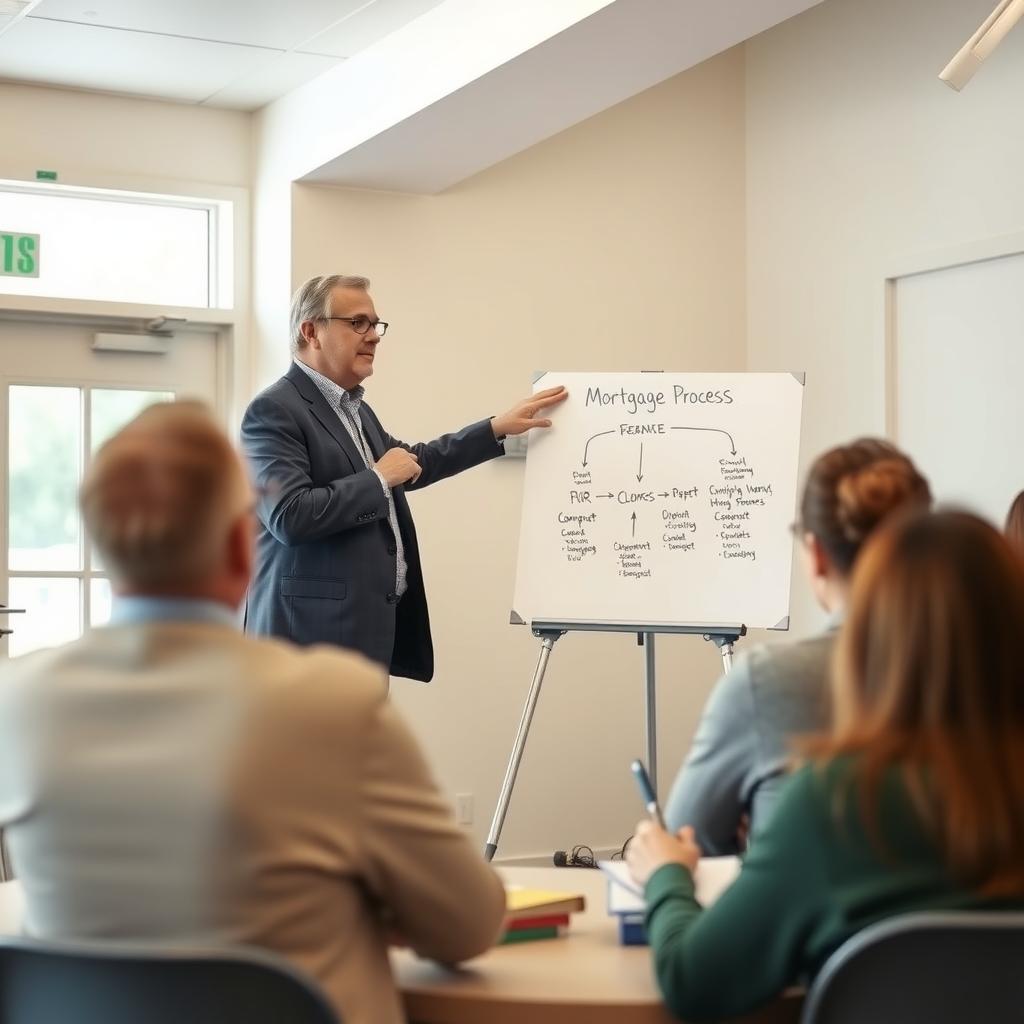 Mortgage broker presenting at a homebuying workshop in a community center.