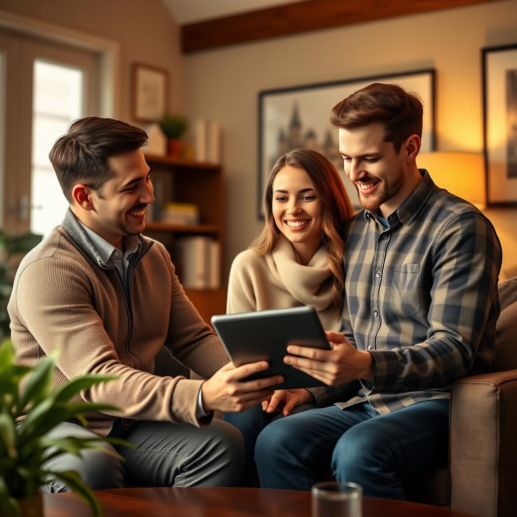 Mortgage broker discussing loan options with a young couple in a cozy office.