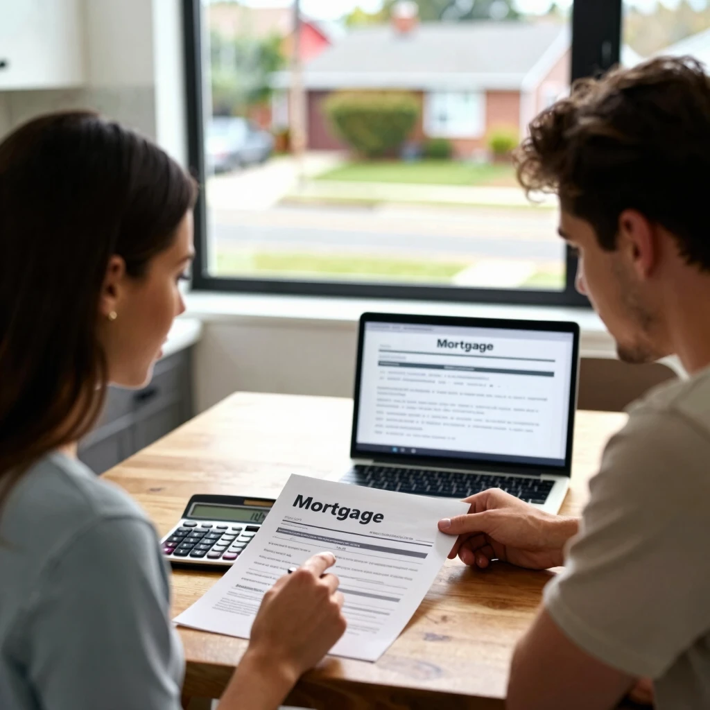 Couple reviewing mortgage papers at home