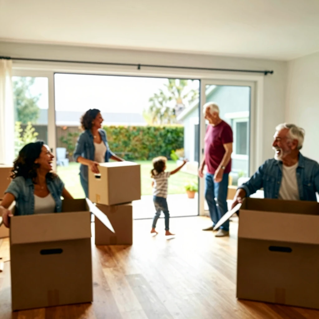 Family joyfully moving into their first home together