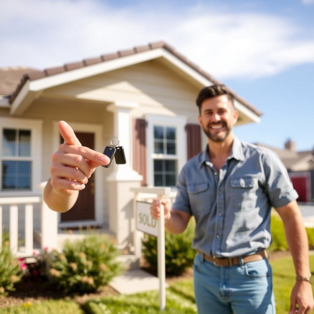 First-time homebuyer with keys in front of new home with sold sign