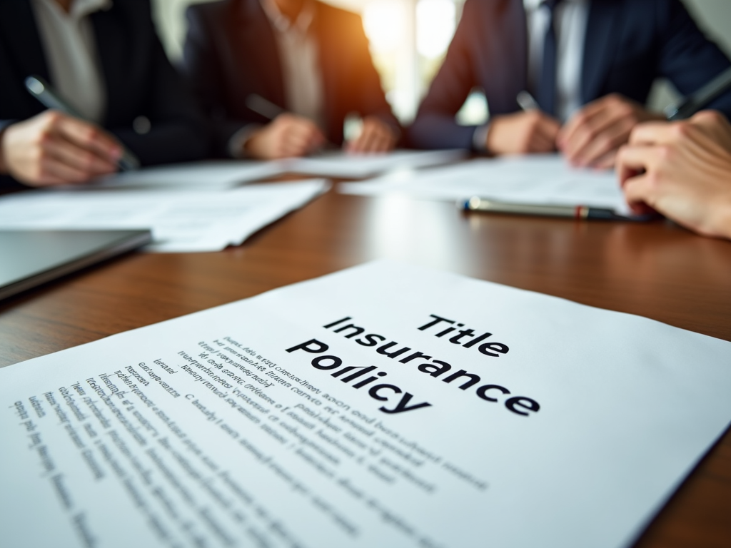 Real estate closing with title insurance policy on table