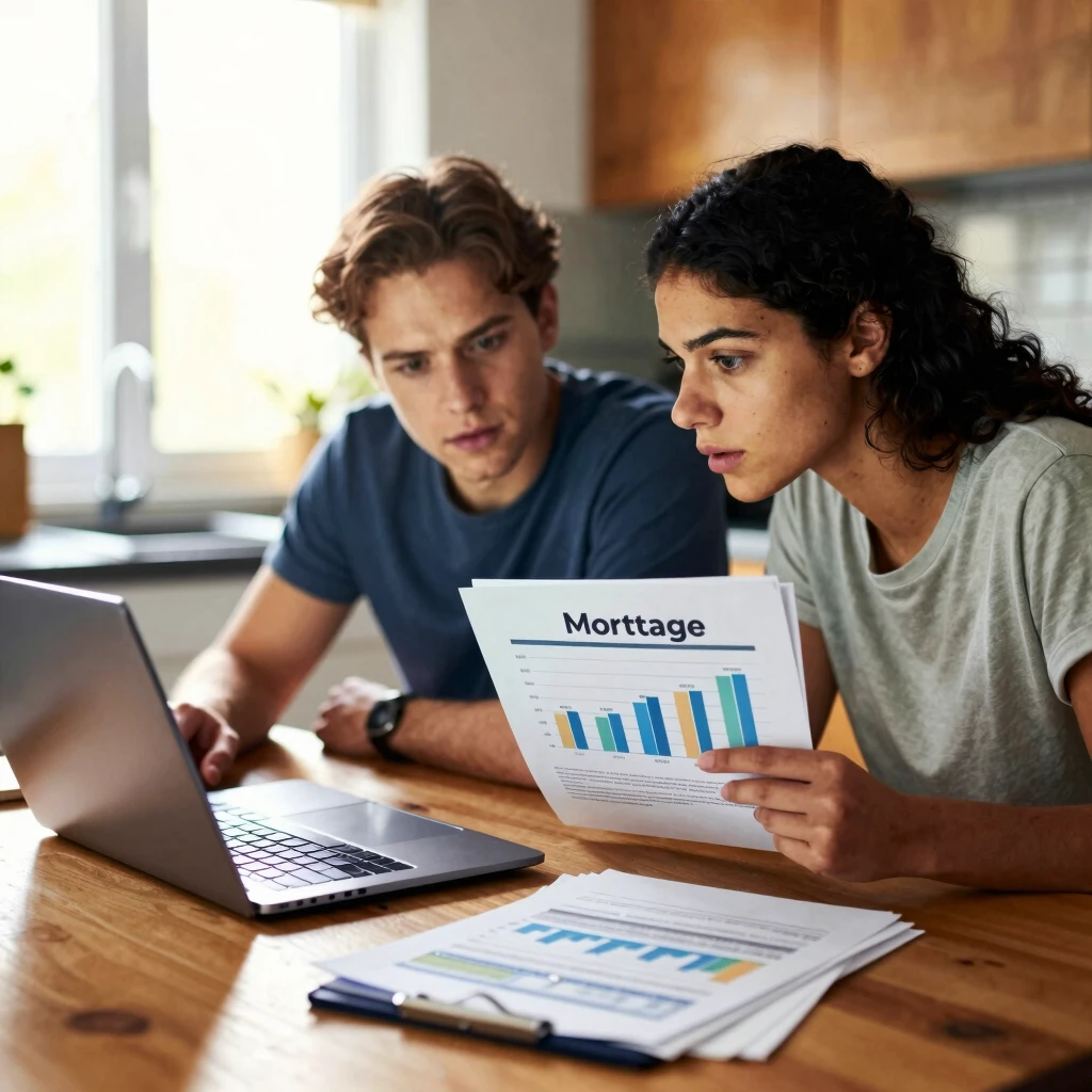 Couple comparing mortgage options at home