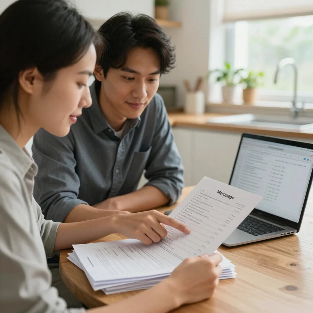 Couple preparing mortgage documents together at home