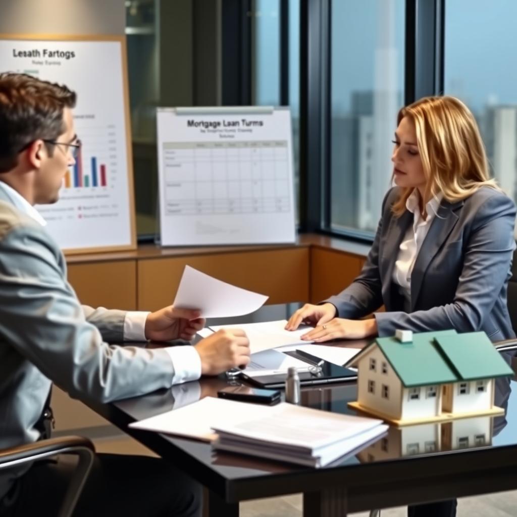 A mortgage broker discussing the FHA loan application process with a client at a desk, with loan documents and a model house.