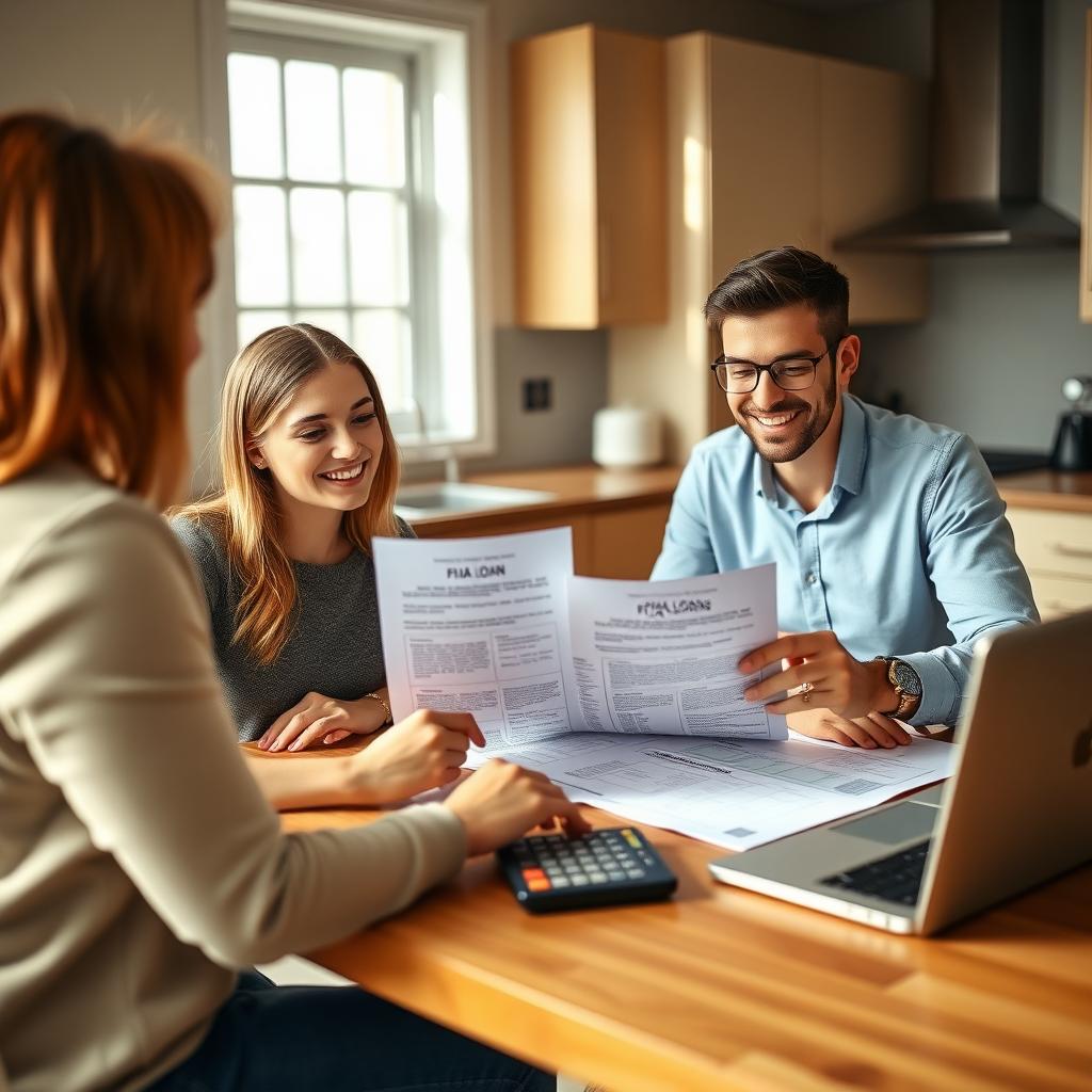Young couple discussing FHA loan paperwork with a lender in a modern kitchen