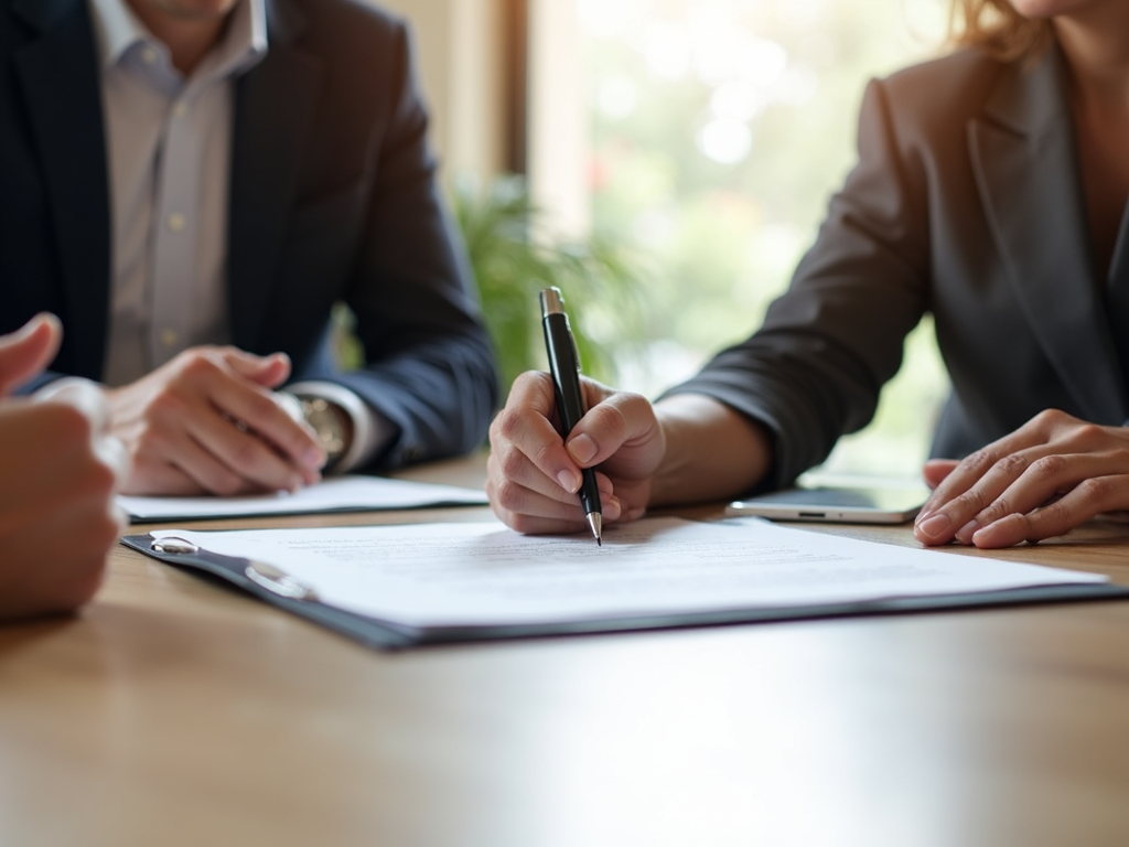 Person signing closing documents for home purchase.