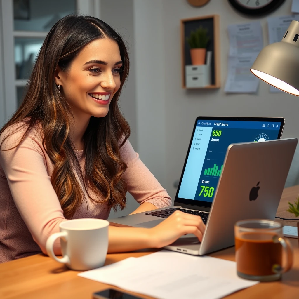 Woman happily checking her improved credit score on laptop with rising graph