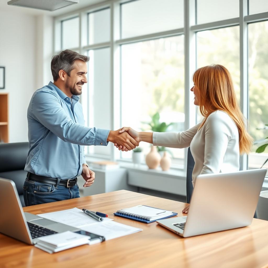 Couple shaking hands with a mortgage lender in a bright office.