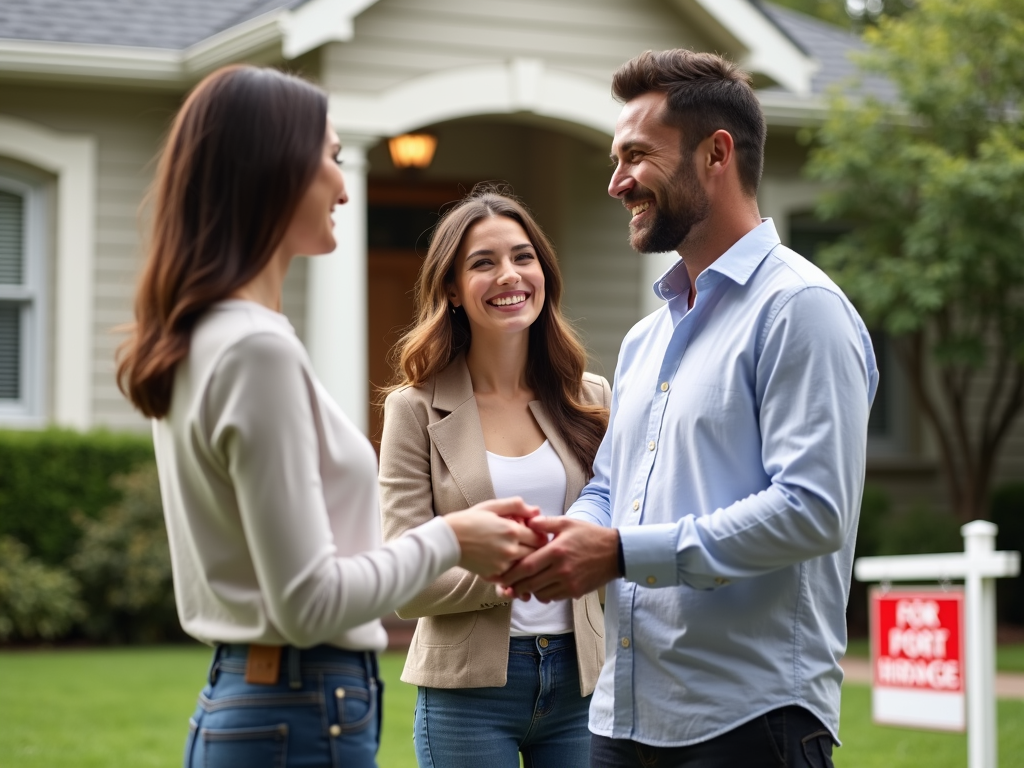 Real estate agent giving keys to happy couple outside a sold home