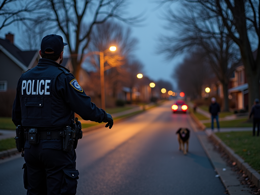 Police officer on patrol in a safe neighborhood