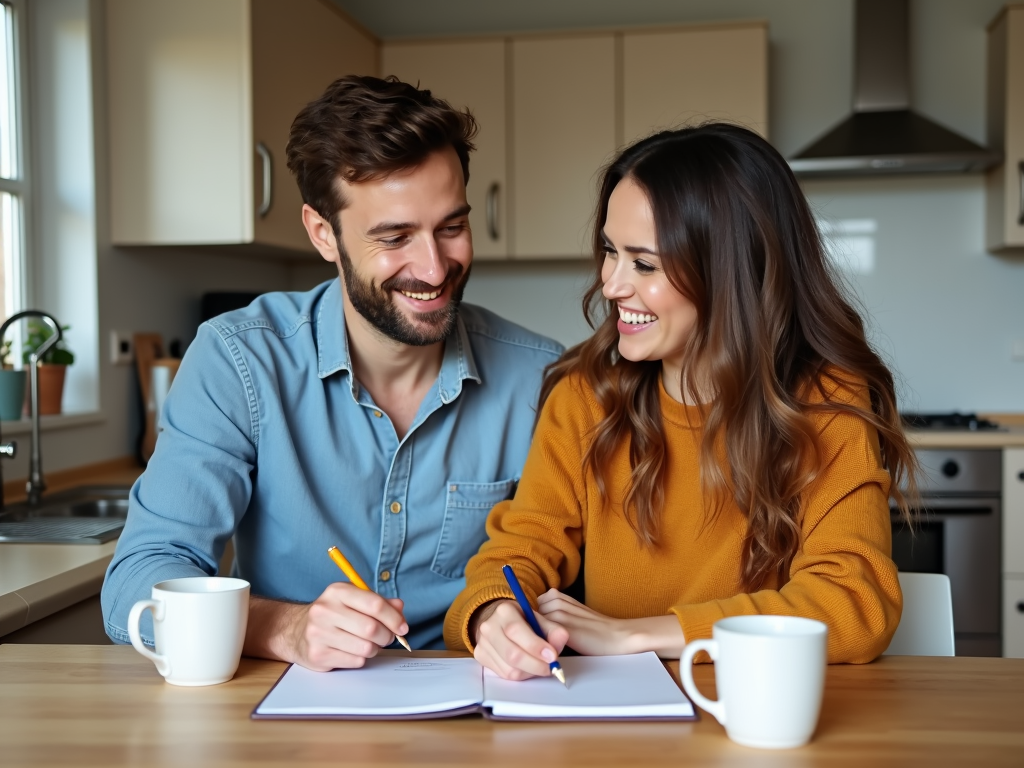 Couple listing home preferences at kitchen table
