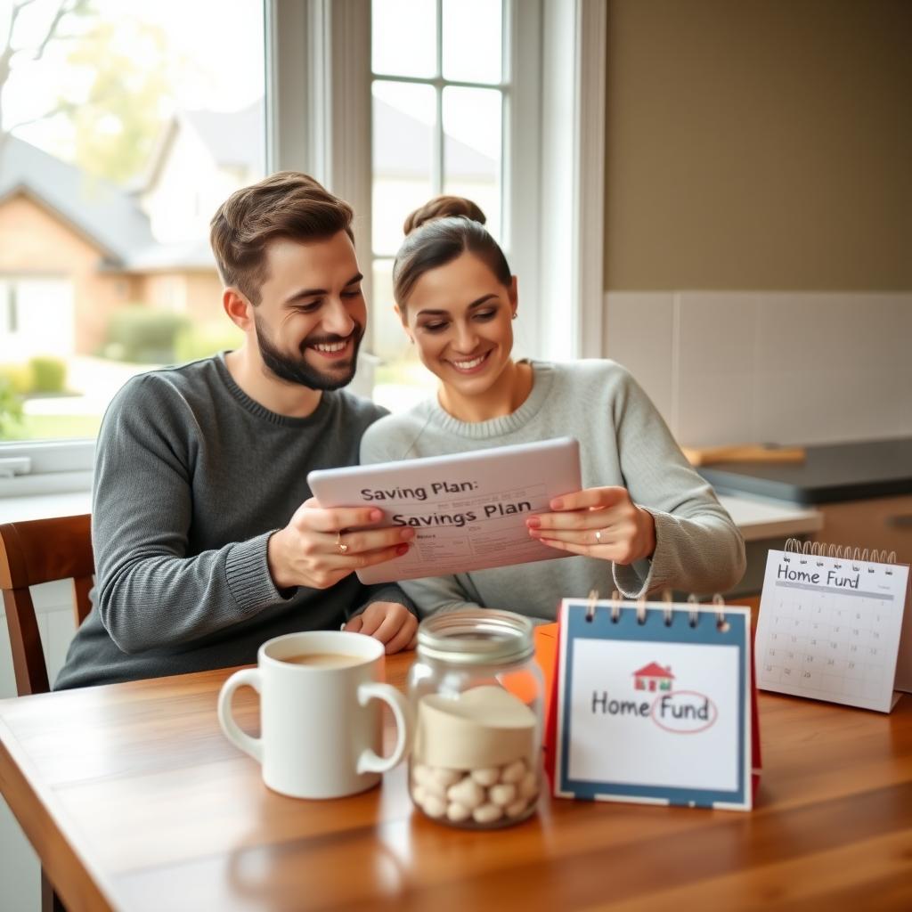 A couple at a kitchen table reviewing a savings plan on a tablet, with a savings jar and calendar, symbolizing their goal of saving for a home down payment.