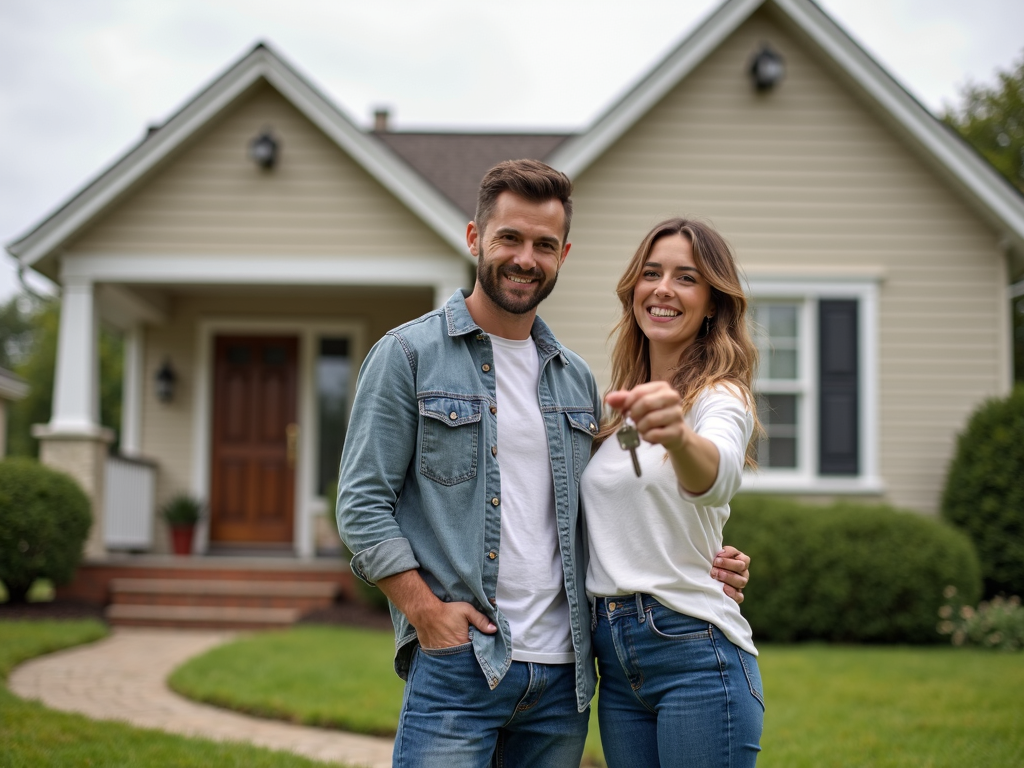 First-time homebuyers smiling with keys in front of their new house