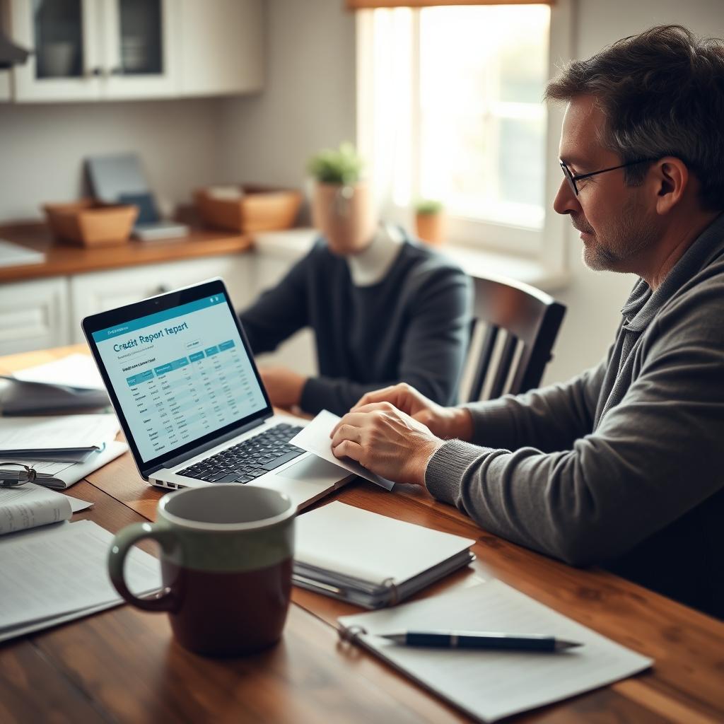 Person reviewing credit report on laptop at kitchen table