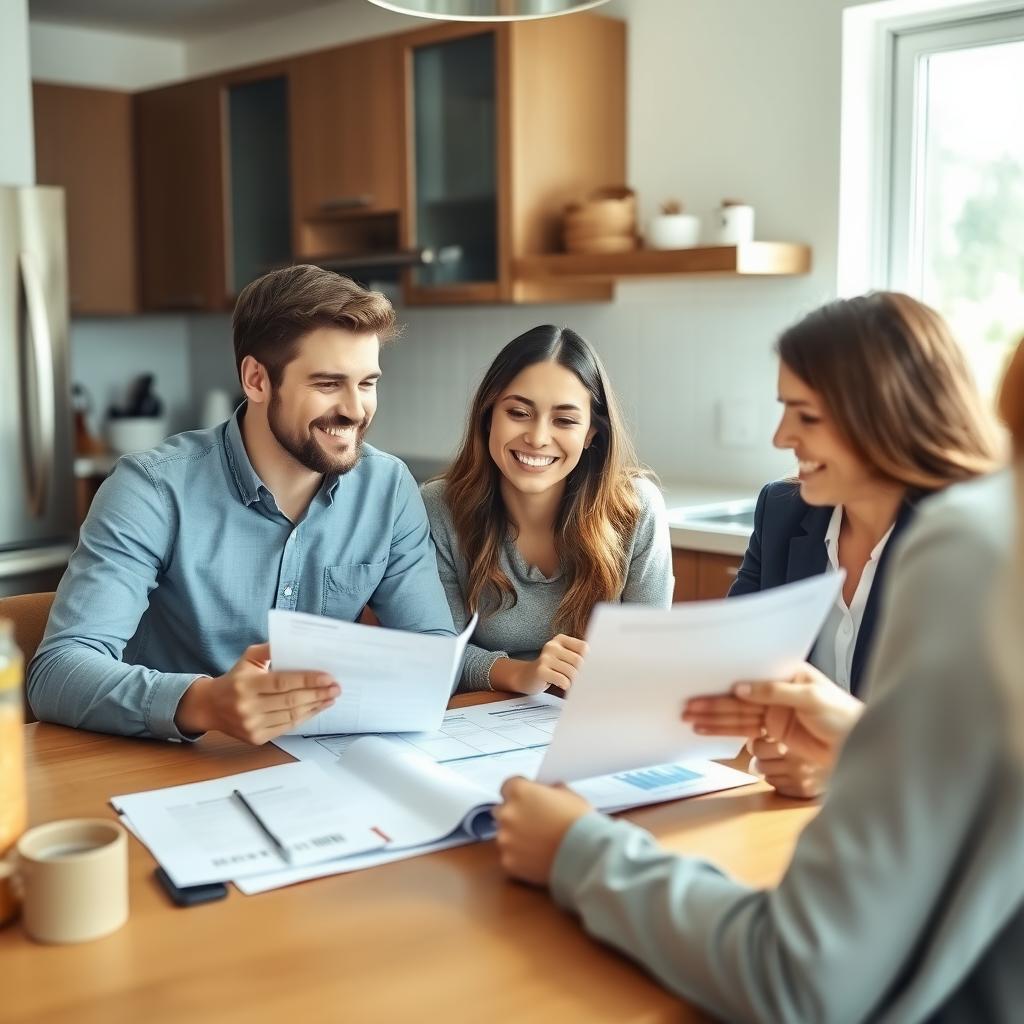 Young couple reviewing FHA loan paperwork with a mortgage broker in a bright, modern kitchen