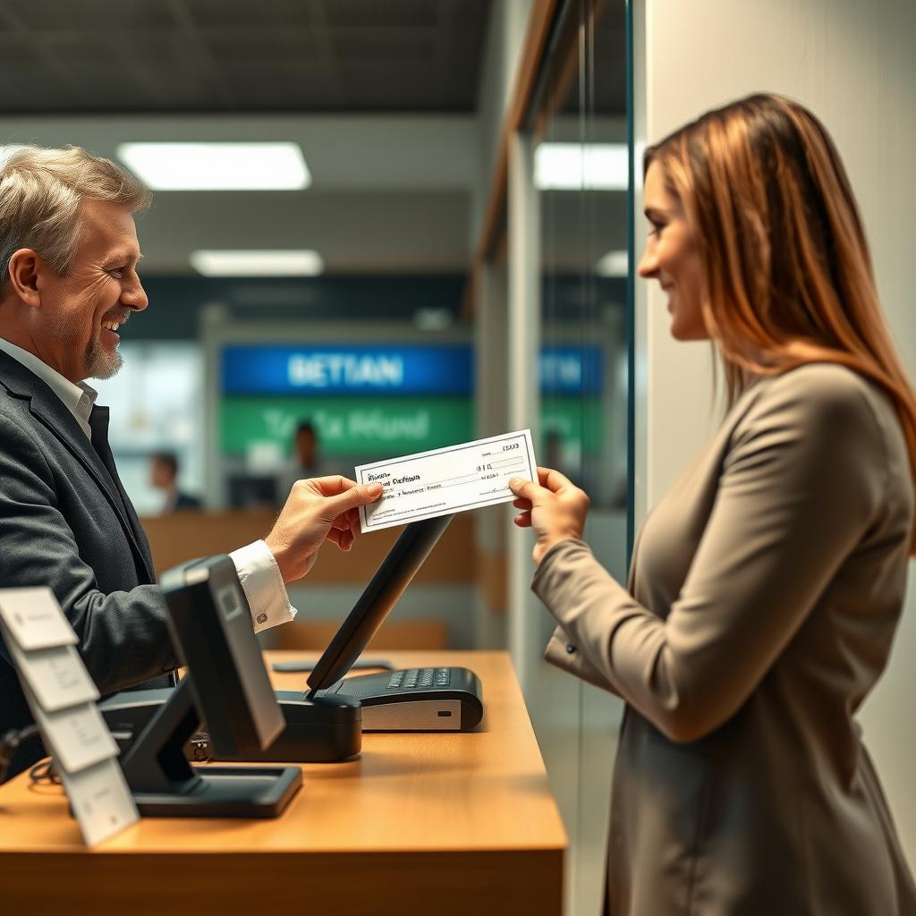 Person depositing a tax refund check to save for a home down payment