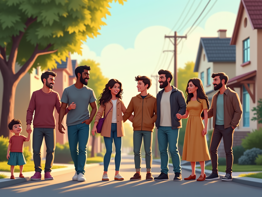 Neighbors chatting in a friendly suburban street